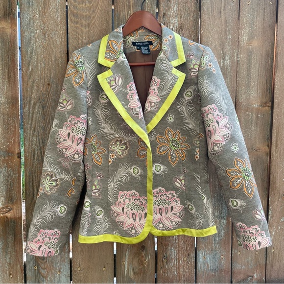 ETCETERA Women's Floral Brown Pink Open Front Jacket Blazer Yellow Trim Size 12 - Picture 1 of 12